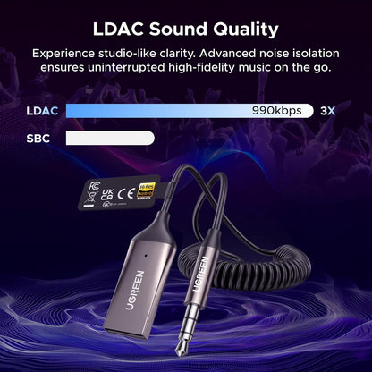 Aux to Bluetooth 6.0 Car Adapter with LDAC, 3.5Mm Aux Adapter Built-In Microphone, Car Bluetooth Audio Receiver for Hands-Free Calls Compatible with Speaker & Home Audio
