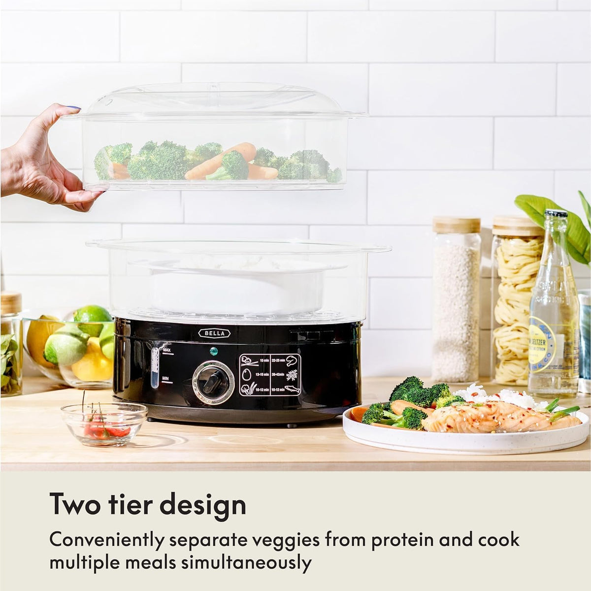 Two Tier Food Steamer with Stackable Baskets, Black