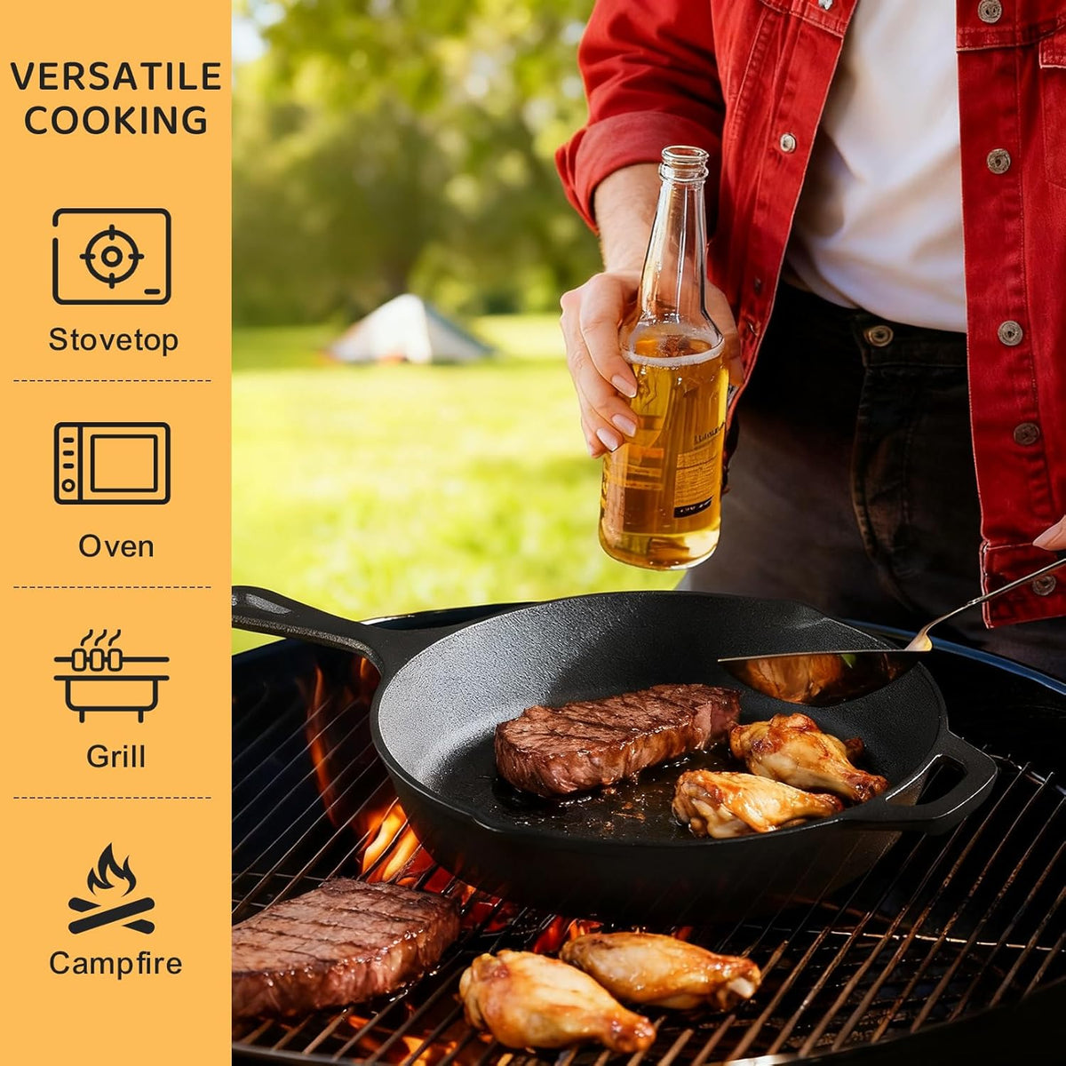 Cast Iron Skillet 3-Piece Set, Heavy-Duty Professional Restaurant Chef Quality Pre-Seasoned Pan Cookware Set, 6", 8", 10" Pans for Frying, Saute, Cooking, Use Indoor/Outdoor, Oven, Grill