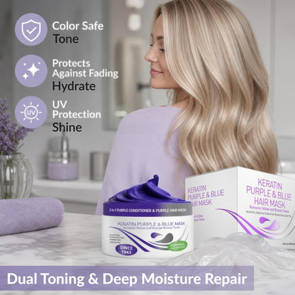 Keratin Purple Hair Mask - Blue Hair Mask Deep Conditioner Treatment - Blonde Toner to Neutralize Brassiness in Brassy Blonde, Silver, White, Gray & Brown Locks