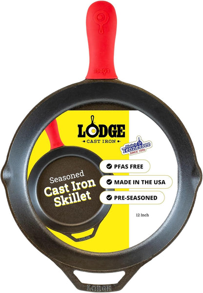 Pre-Seasoned Cast Iron Skillet with Silicone Handle Holder, 12 Inches