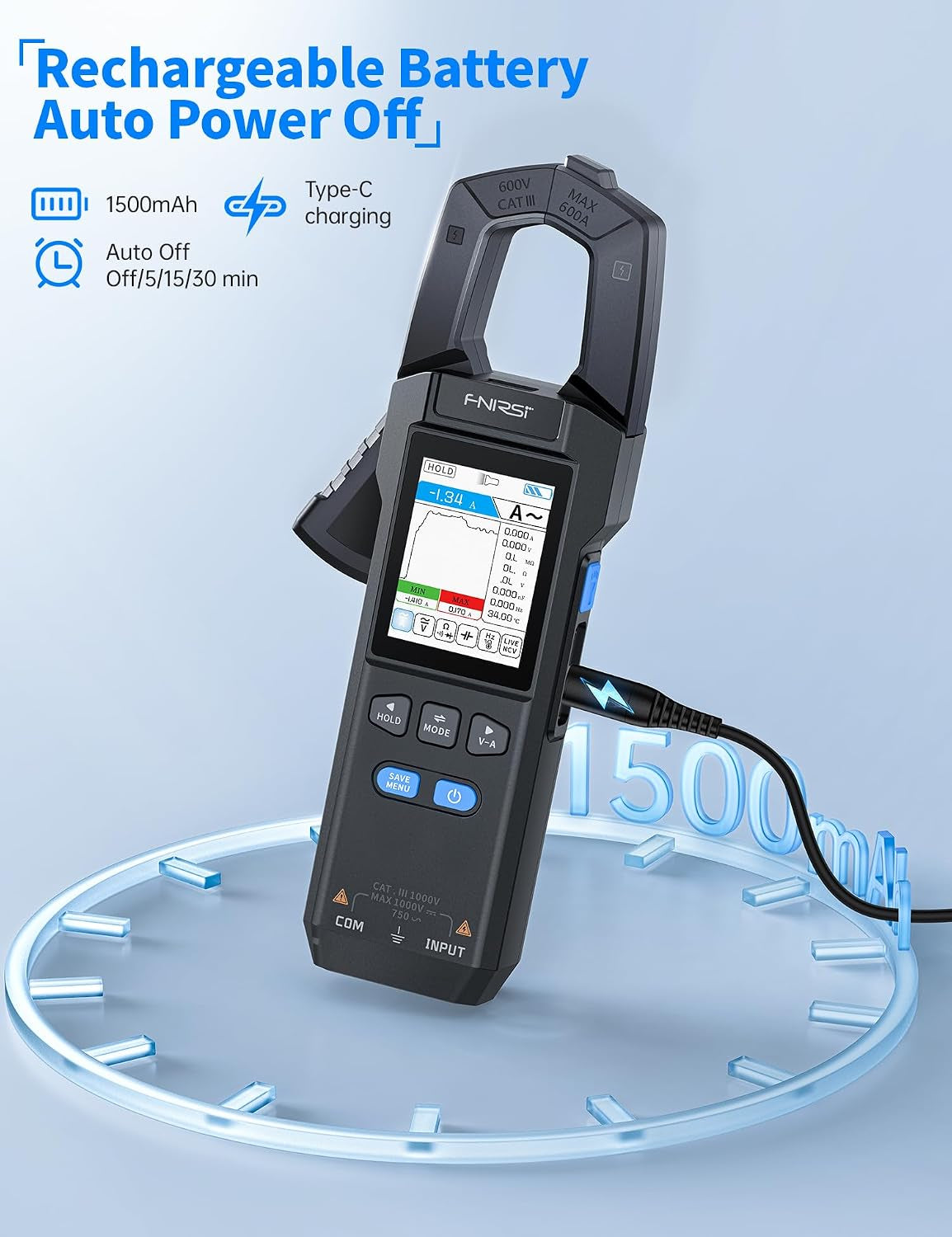 DMC-100 Clamp Meter 9999 Counts TRMS, 600A AC/DC Amp Meter