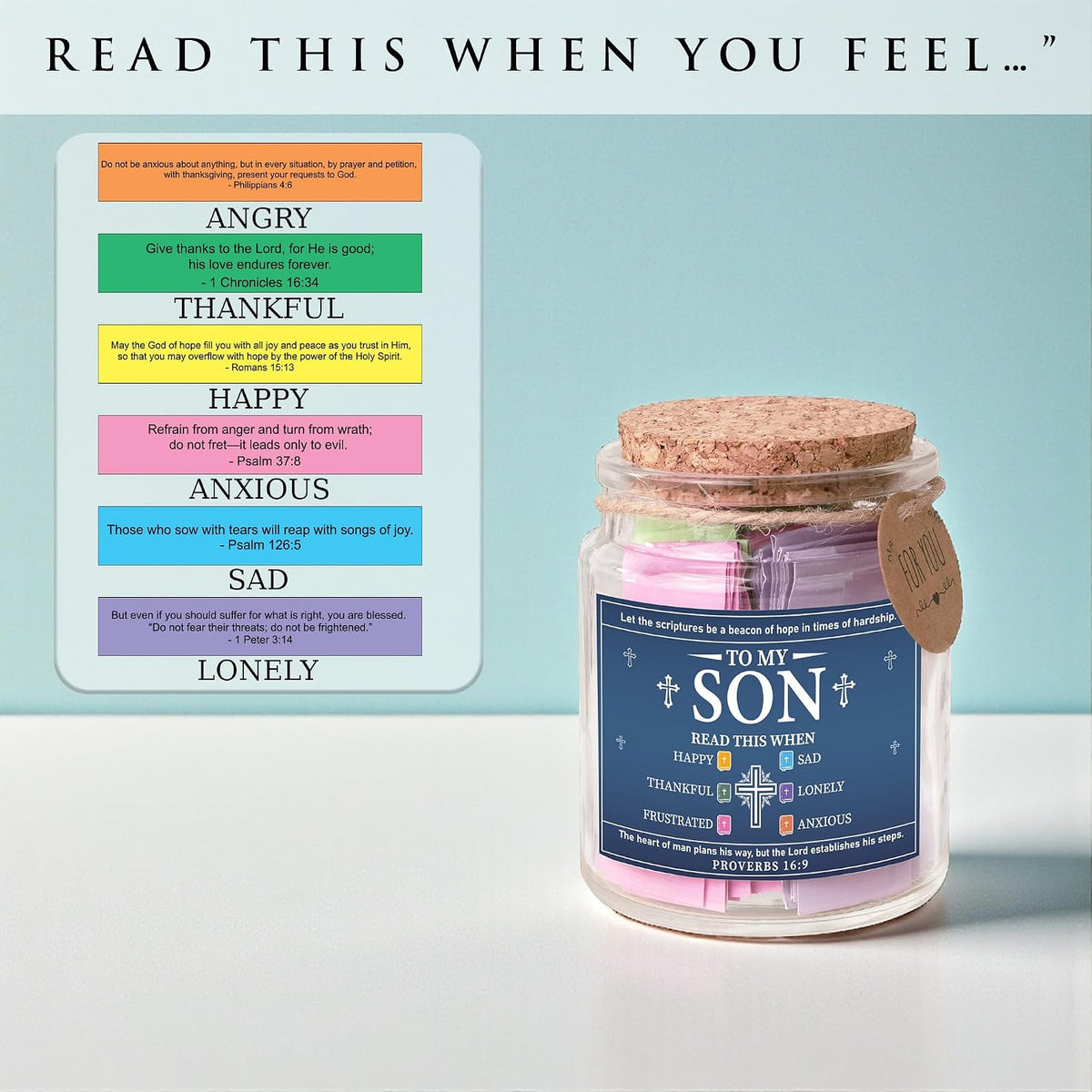 Bible Verses Jar for Son – 92 Scripture Cards, Open When You Feel Happy Sad Anxious or Lonely, Meaningful Christian Gift for Son, Birthday Graduation Easter Gift from Parents