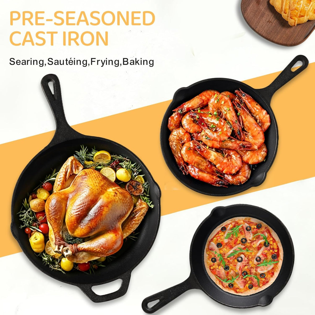 Cast Iron Skillet 3-Piece Set, Heavy-Duty Professional Restaurant Chef Quality Pre-Seasoned Pan Cookware Set, 6", 8", 10" Pans for Frying, Saute, Cooking, Use Indoor/Outdoor, Oven, Grill