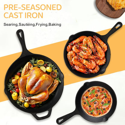 Cast Iron Skillet 3-Piece Set, Heavy-Duty Professional Restaurant Chef Quality Pre-Seasoned Pan Cookware Set, 6", 8", 10" Pans for Frying, Saute, Cooking, Use Indoor/Outdoor, Oven, Grill