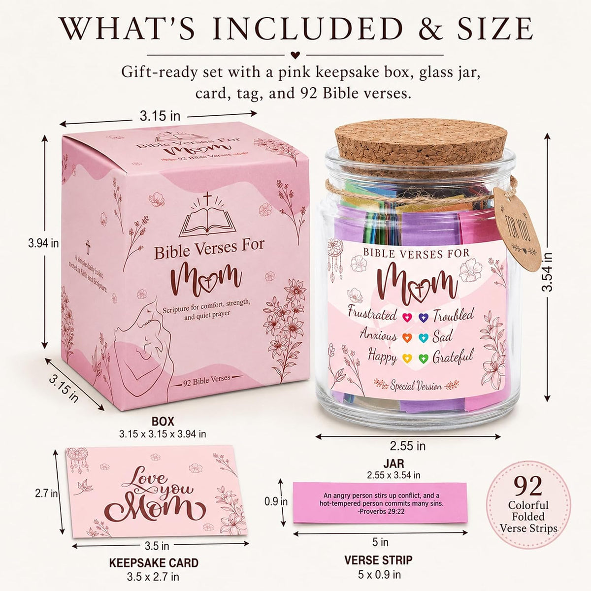 Bible Verse Jar for Mom – 92 Color-Coded Bible Verse, Birthday Gifts for Mom, Christian Gifts for Mom
