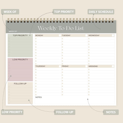 Weekly to Do List Notepad, Undated Planner with 52 Sheets (8.5''X11'')