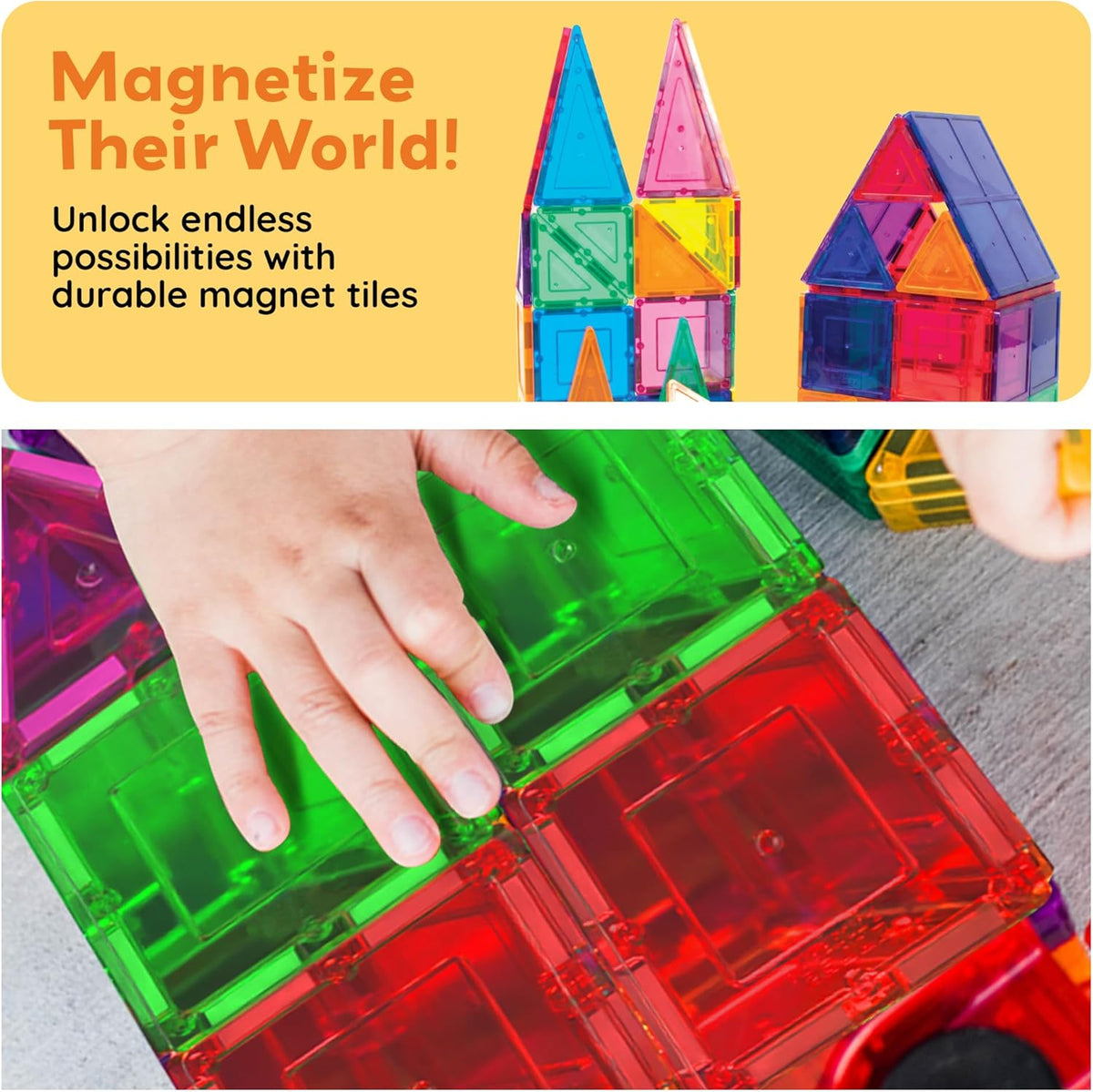 100 Piece Magnetic Tiles, Clear 3D Building Blocks for Kids 3+