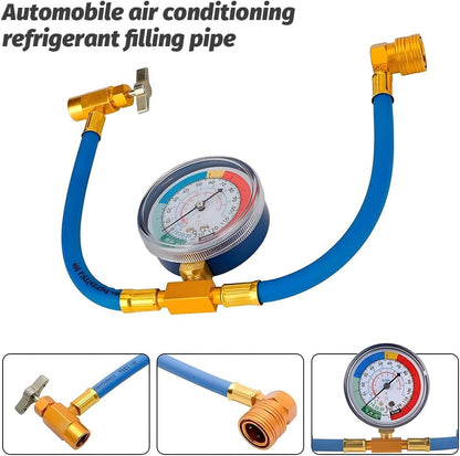 R134A Car AC Refrigerant Charge Hose Kit, Air Conditioning Charge Hose with Gauge & 1/2 Dispensing Valve, Vehicle Refrigerant Recharge Measuring Accessories, Universal Fit