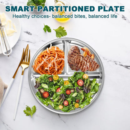 Stainless Steel Toddler Plate Set of 6, 9" Portion Control Plates Divided Plate for Adults Kids Balance Lunch, Non Slip | Unbreakable Toddler Baby Feeding Set Dishwasher Safe