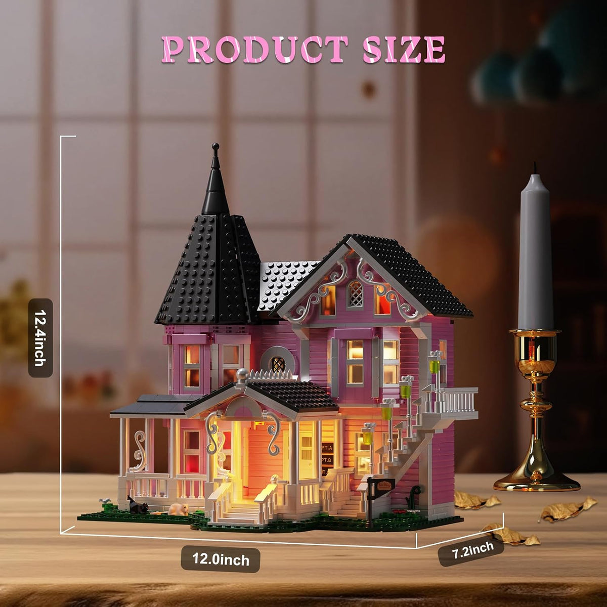 Pink Palace House Building Set with Lights, Halloween Haunted House Blocks Toy, Halloween House Kit for Kids Adults, Compatible with Lego, Christmas for Girls and Boys, Aged 8+ (1349PCS)
