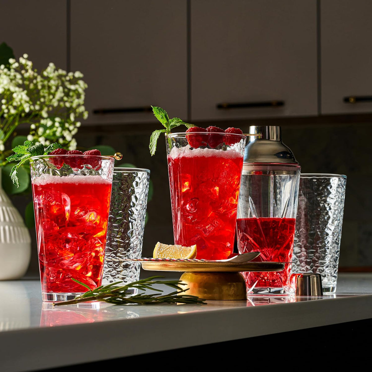 Set of 10 Hammered Glass Cups, Clear Heavy Base Drinking Glasses