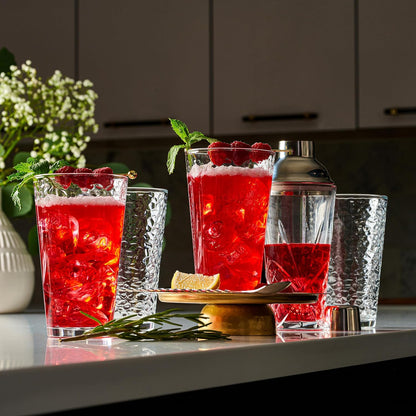 Set of 10 Hammered Glass Cups, Clear Heavy Base Drinking Glasses