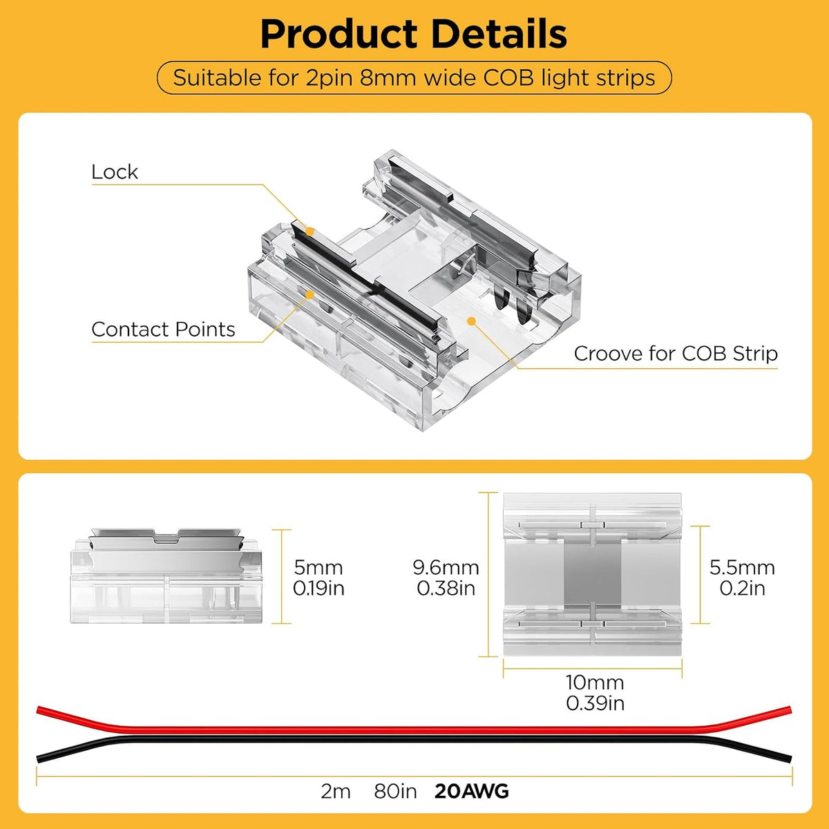 20 Pack COB 0.31In(8Mm) 2 Pin Transparent Connector, 6.6Ft(200Cm) Long 20AWG Extension Wires for Non-Wired Gapless Solderless