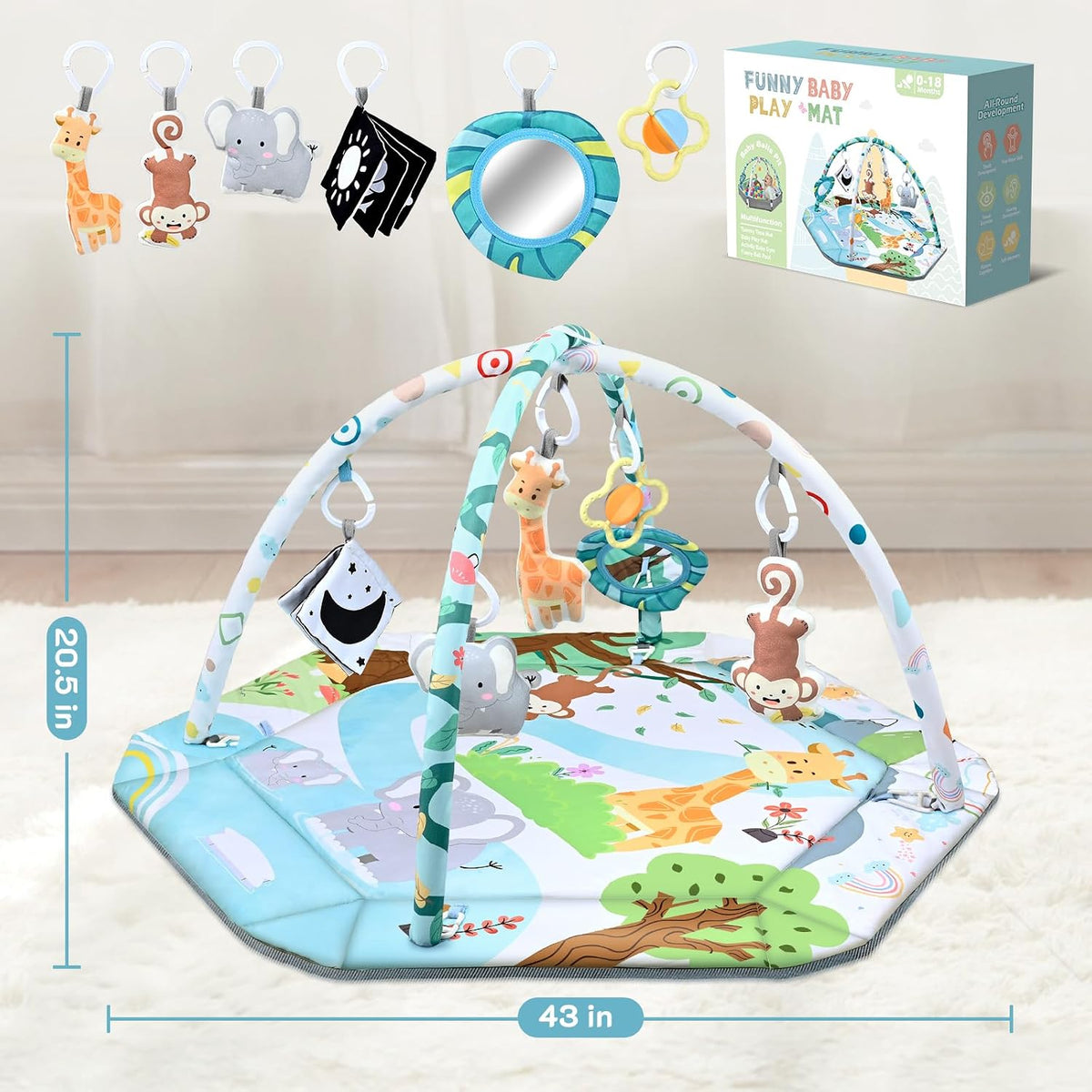 Baby Gym Play Mat, 8-In-1 Tummy Time Mat & Ball Pit with 6 Toys, Washable Baby Activity Play Mat for Visual, Hearing, Sensory, Motor Development, Baby Toys Gift for Toddler Infant 0-3-6-9-12 Months