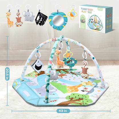 Baby Gym Play Mat, 8-In-1 Tummy Time Mat & Ball Pit with 6 Toys, Washable Baby Activity Play Mat for Visual, Hearing, Sensory, Motor Development, Baby Toys Gift for Toddler Infant 0-3-6-9-12 Months