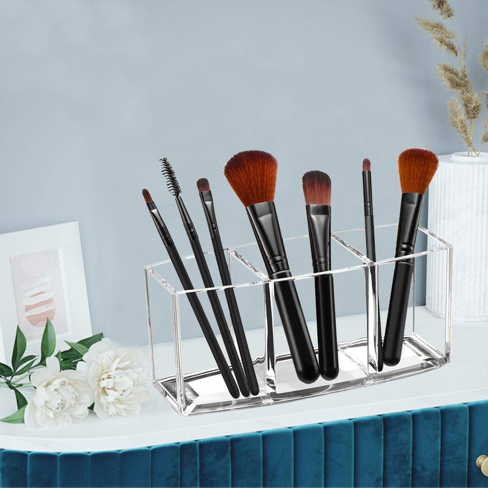 Acrylic Makeup Brush Organizer Holder Clear Cosmetic Brushes Storage with 3 Slots