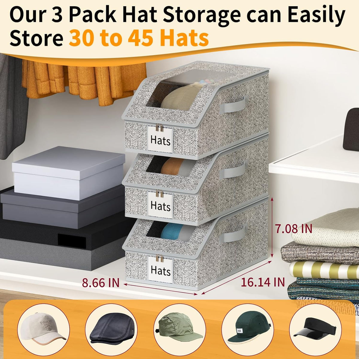 Stackable Hat Storage, Hat Organizer, Baseball Cap Organizer, Quick Access