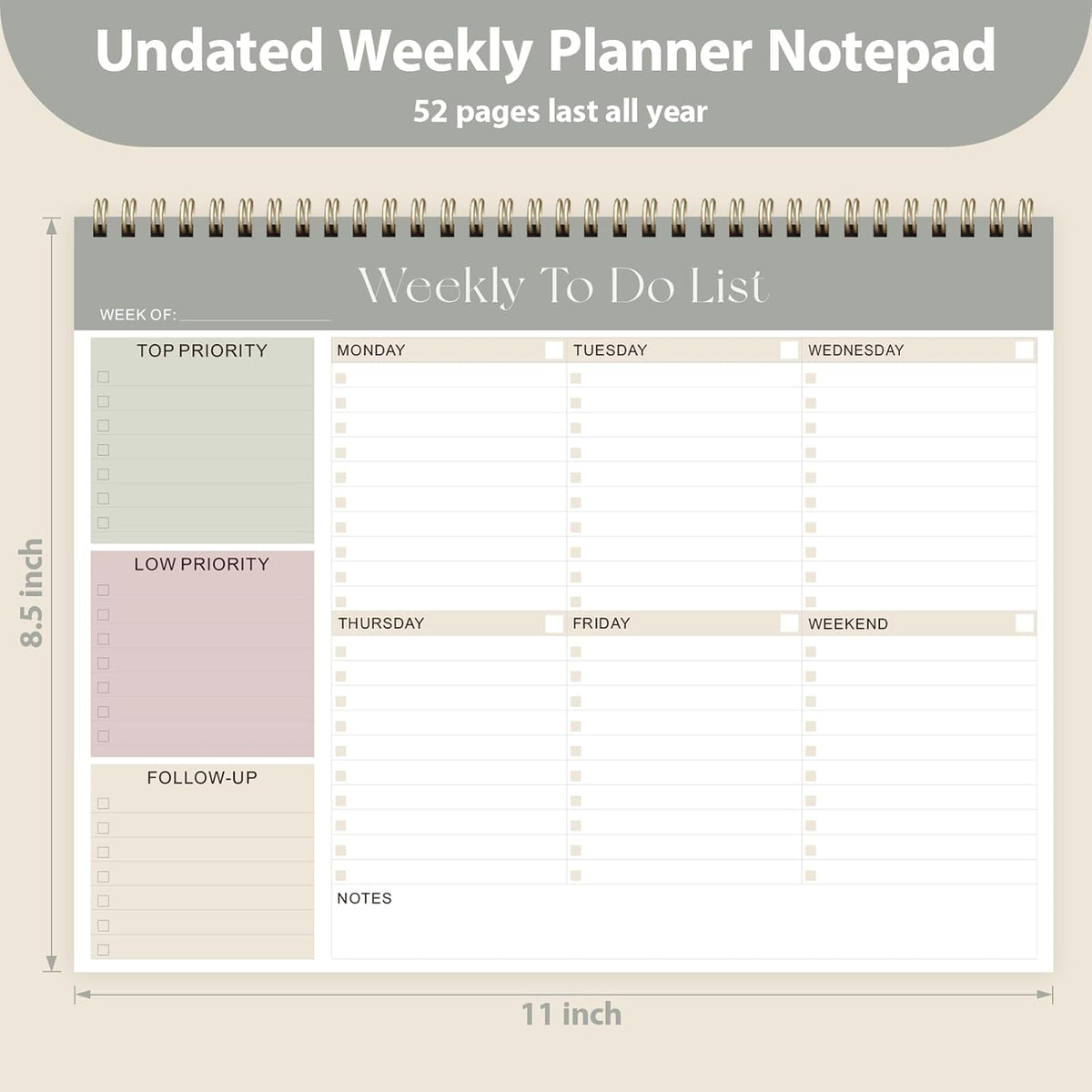 Weekly to Do List Notepad, Undated Planner with 52 Sheets (8.5''X11'')