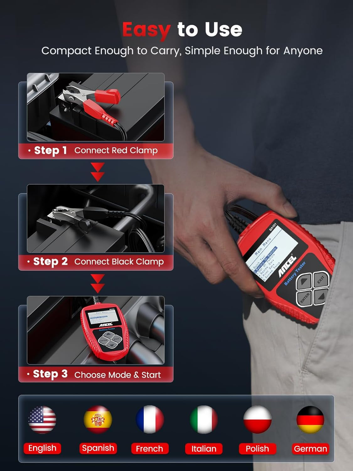 BA101 Car Battery Tester, 12V Digital Automotive Alternator Meter Diagnostic Tool,100-2000 CCA Load Capacity, Charging & Cranking Analyzer for Truck, Boat, RV, Marine Vehicle, and More