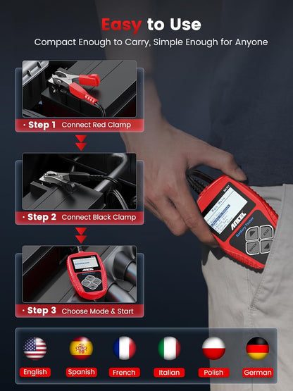 BA101 Car Battery Tester, 12V Digital Automotive Alternator Meter Diagnostic Tool,100-2000 CCA Load Capacity, Charging & Cranking Analyzer for Truck, Boat, RV, Marine Vehicle, and More