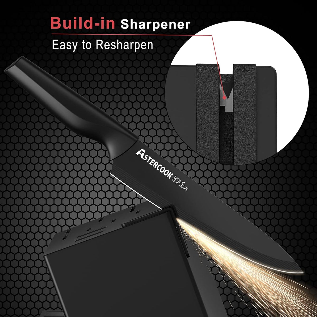 Knife Set,  21 Pieces Knife Sets for Kitchen with Block, Dishwasher Safe Kitchen Knife Set with Built-In Sharpener, German Stainless Steel Black Knife Block Set, Fathers Day Gift for Men