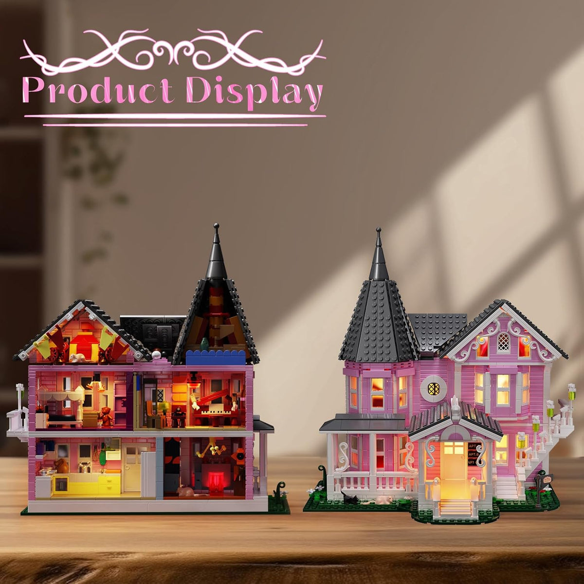 Pink Palace House Building Set with Lights, Halloween Haunted House Blocks Toy, Halloween House Kit for Kids Adults, Compatible with Lego, Christmas for Girls and Boys, Aged 8+ (1349PCS)