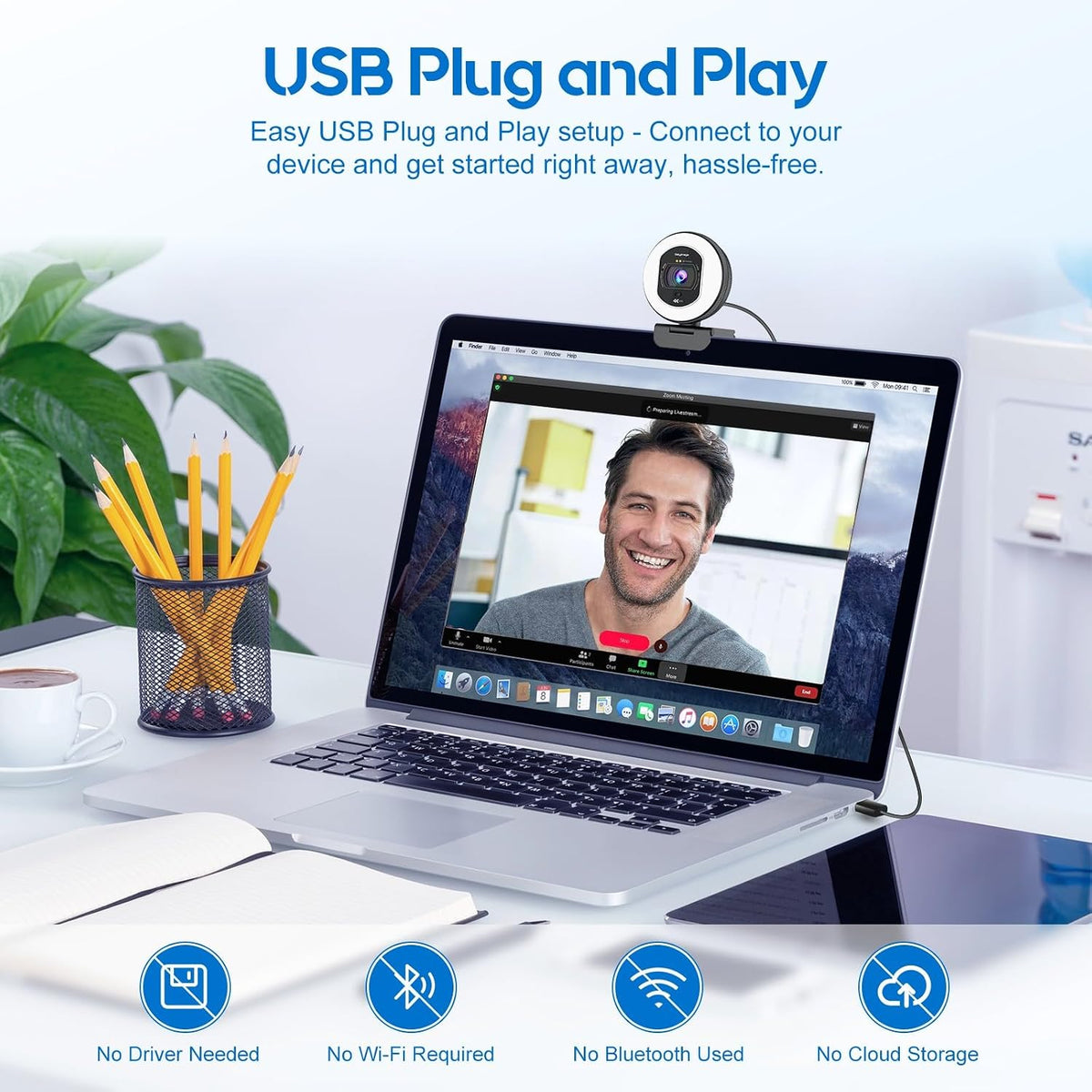 4K Webcam with Ring Light & Built-In Microphone for PC Streaming