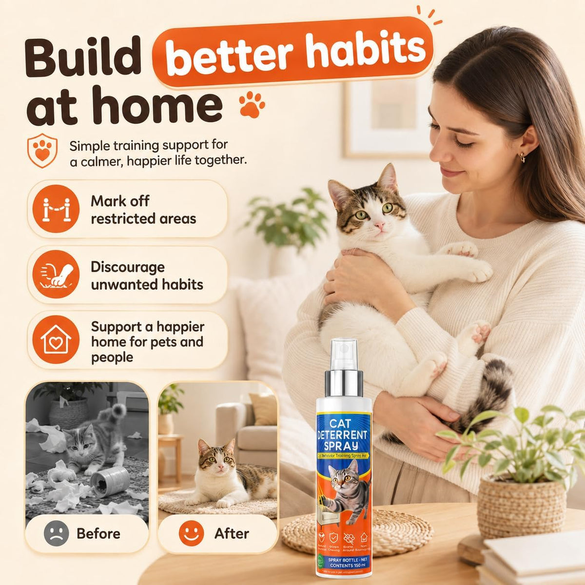 Cat Deterrent Spray for Furniture Protection, anti Scratch and Urine Marking, Plant-Based Safe Formula for Indoor & Outdoor 150ML 3