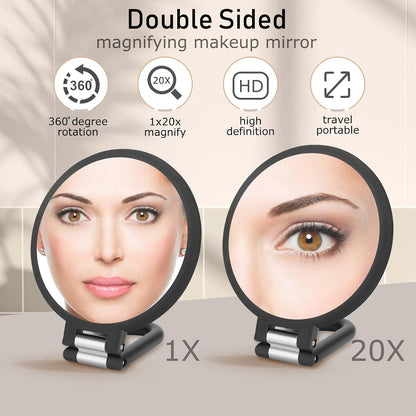 Magnifying Handheld Mirror Double Sided, 1X 20X Magnification Hand Mirrors, Travel Folding Hand Held Mirror, 360°Rotation Pedestal Makeup Vanity Mirror