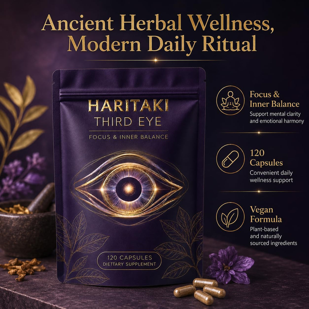 Haritaki Third Eye Capsules Organic, Ayurvedic Herbal Supplement with Terminalia Chebula Fruit Extract, Digestive Balance, Natural Cleansing & Daily Clarity Support, Vegan, Non-Gmo, 120 Capsules