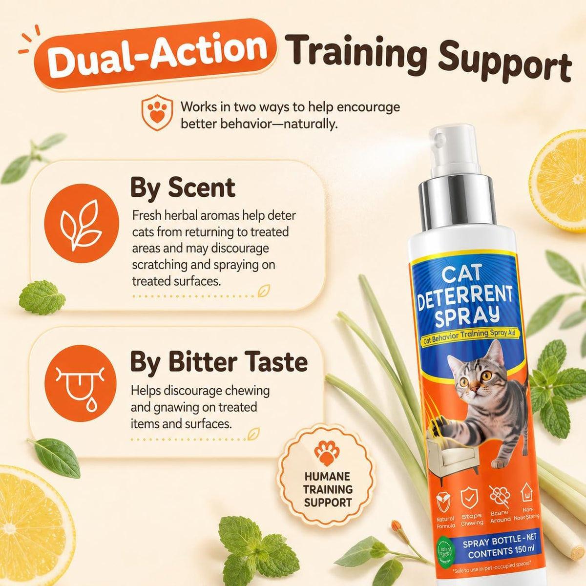 Cat Deterrent Spray for Furniture Protection, anti Scratch and Urine Marking, Plant-Based Safe Formula for Indoor & Outdoor 150ML 3