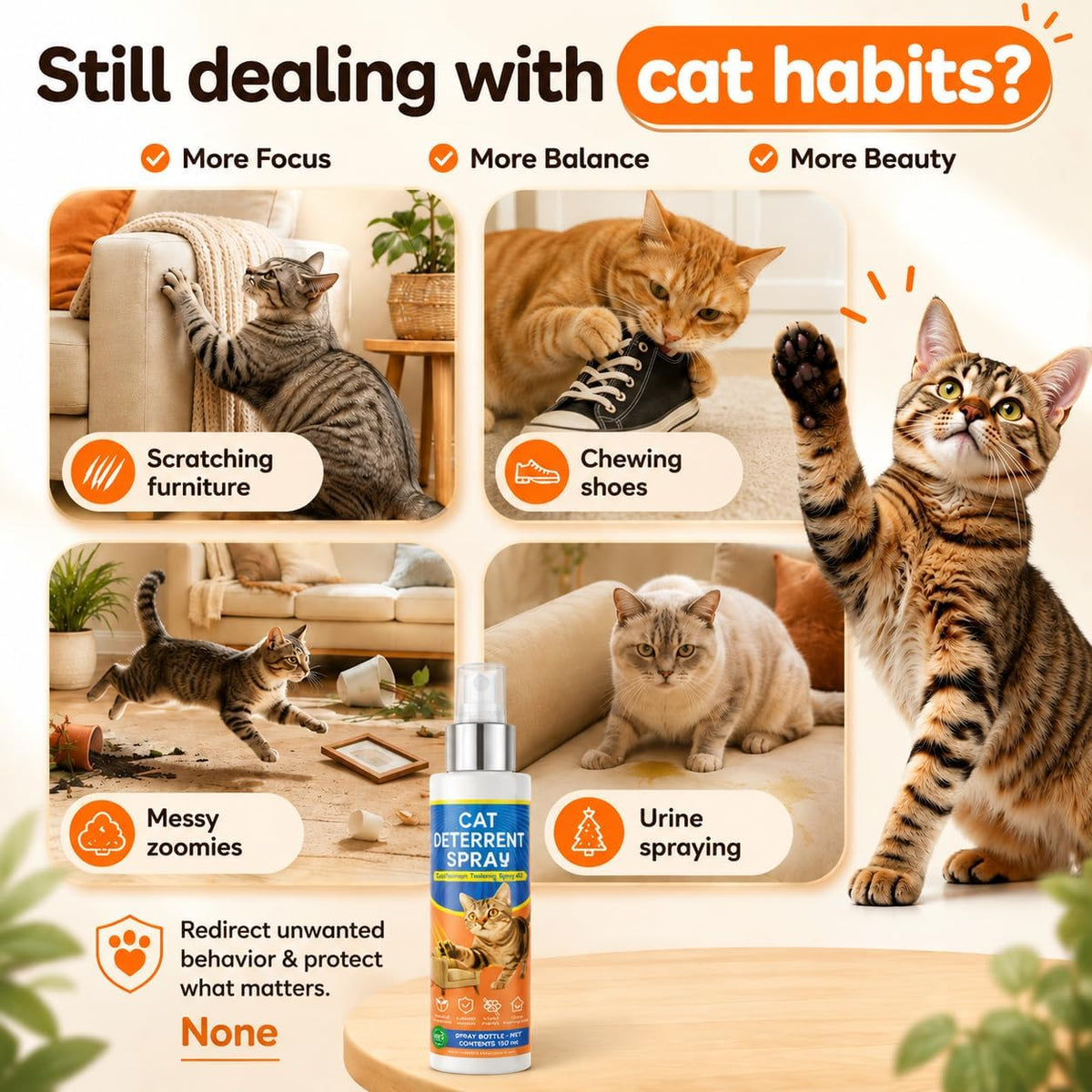 Cat Deterrent Spray for Furniture Protection, anti Scratch and Urine Marking, Plant-Based Safe Formula for Indoor & Outdoor 150ML 3