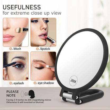 Magnifying Handheld Mirror Double Sided, 1X 20X Magnification Hand Mirrors, Travel Folding Hand Held Mirror, 360°Rotation Pedestal Makeup Vanity Mirror