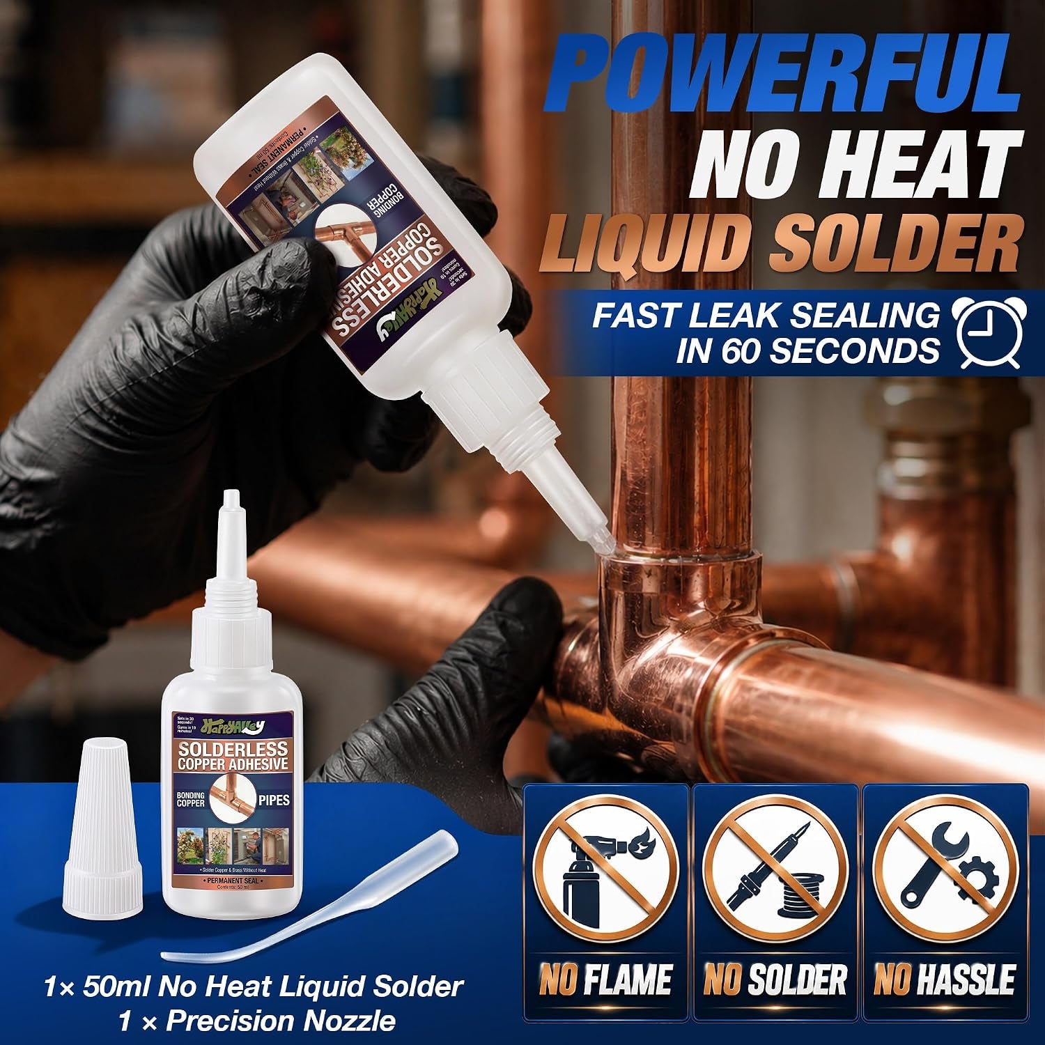 50Ml Copper Soldering Kit, No Heat Liquid Solder for Copper Pipe W/Precision Nozzle, Instant Leak Repair Plumbing Solder for Copper&Brass, up to 500 PSI,-60°F to +300°F,Bonding Solution for Pipe&Hvac