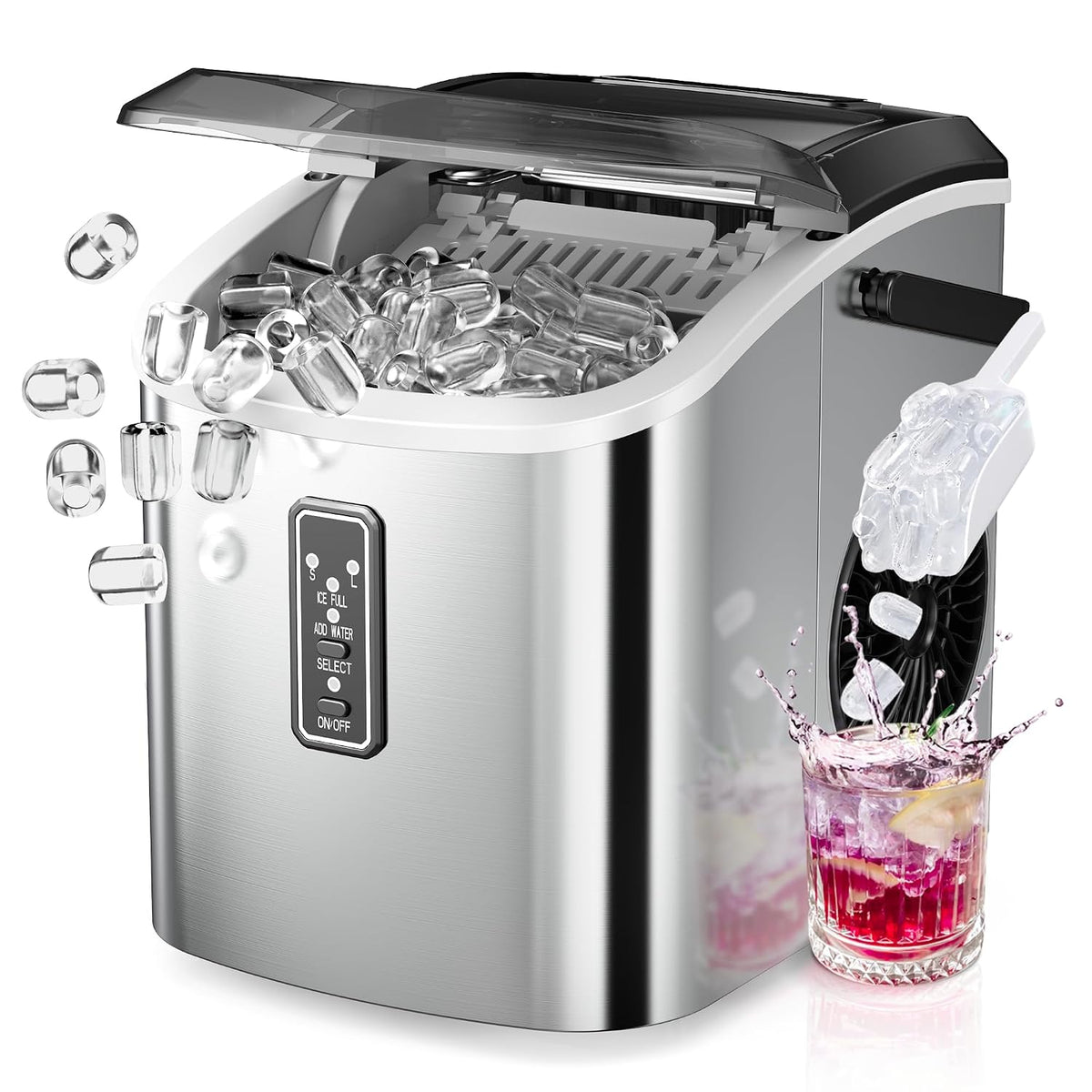 Ice Maker Countertop, 9 Cubes Ready in 6 Mins, 26Lbs/24H, Self-Cleaning, Portable Ice Maker Machine with Carry Handle, Basket and Scoop, 2 Sizes of Bullet Ice for Home, Kitchen, Office