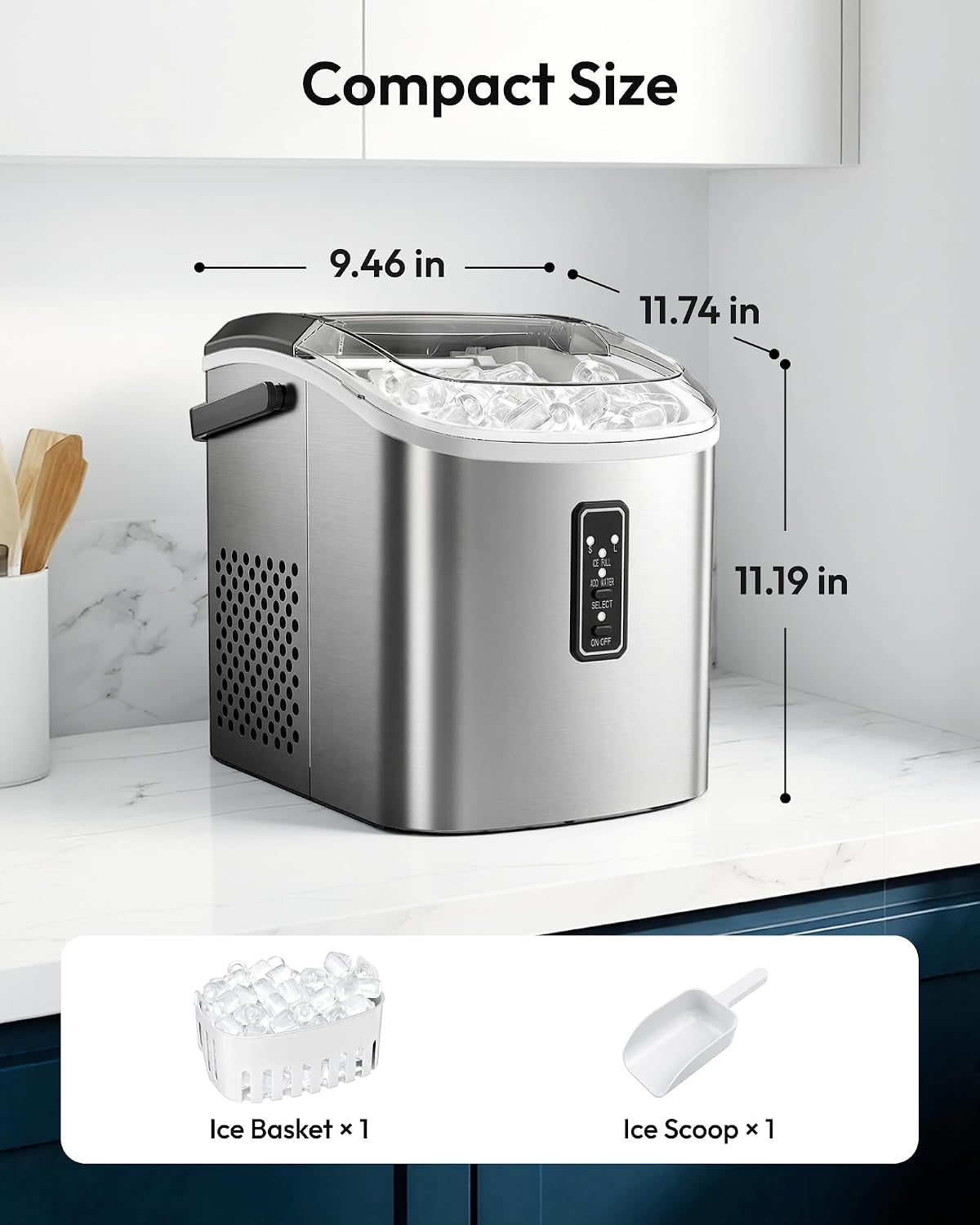 Ice Maker Countertop, 9 Cubes Ready in 6 Mins, 26Lbs/24H, Self-Cleaning, Portable Ice Maker Machine with Carry Handle, Basket and Scoop, 2 Sizes of Bullet Ice for Home, Kitchen, Office
