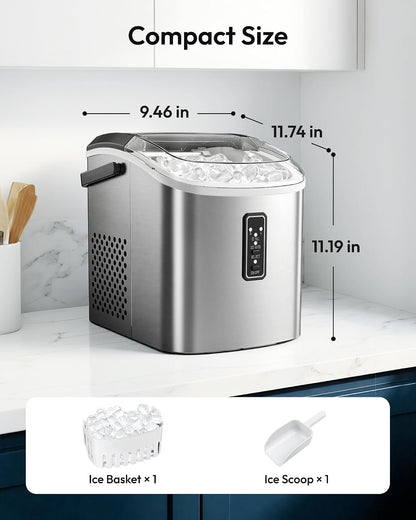Ice Maker Countertop, 9 Cubes Ready in 6 Mins, 26Lbs/24H, Self-Cleaning, Portable Ice Maker Machine with Carry Handle, Basket and Scoop, 2 Sizes of Bullet Ice for Home, Kitchen, Office