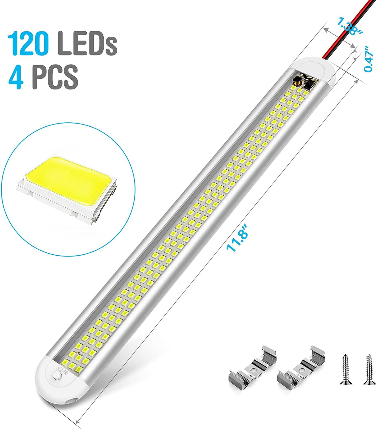 12V LED Interior Light Bar， 120Leds 1500LM 8W DC 12 Volt Led Strip Lights with On/Off Switch，For Enclosed Cargo Trailer, Car RV Van Truck Lorry Camper Boat Caravan Motorhome (4Pack)