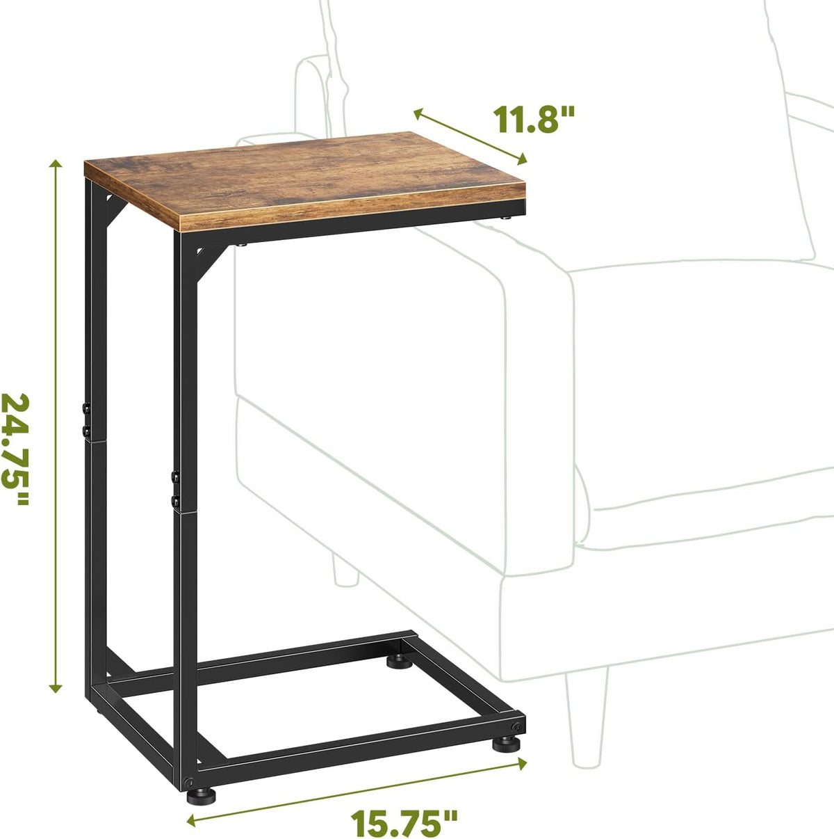 C Shaped End Table, TV Tray for Couch, Small Side Table with Metal Frame, for Living Room Bedroom, Rustic Brown
