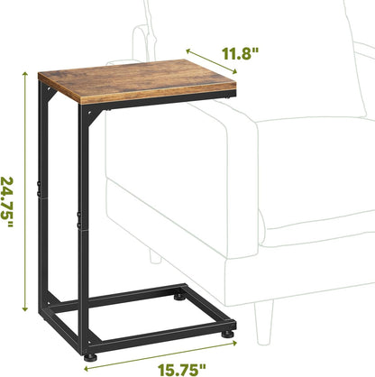C Shaped End Table, TV Tray for Couch, Small Side Table with Metal Frame, for Living Room Bedroom, Rustic Brown