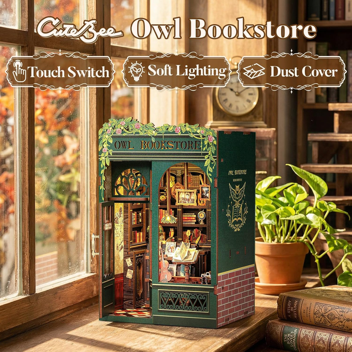 Book Nook Kit - DIY Miniature House Kit for Adults, Teens and Beginners, Dollhouse Booknook Library Tiny House Bookshelf Decor 3D Wooden Puzzle, Gifts for Family, Friends (Owl Bookstore)