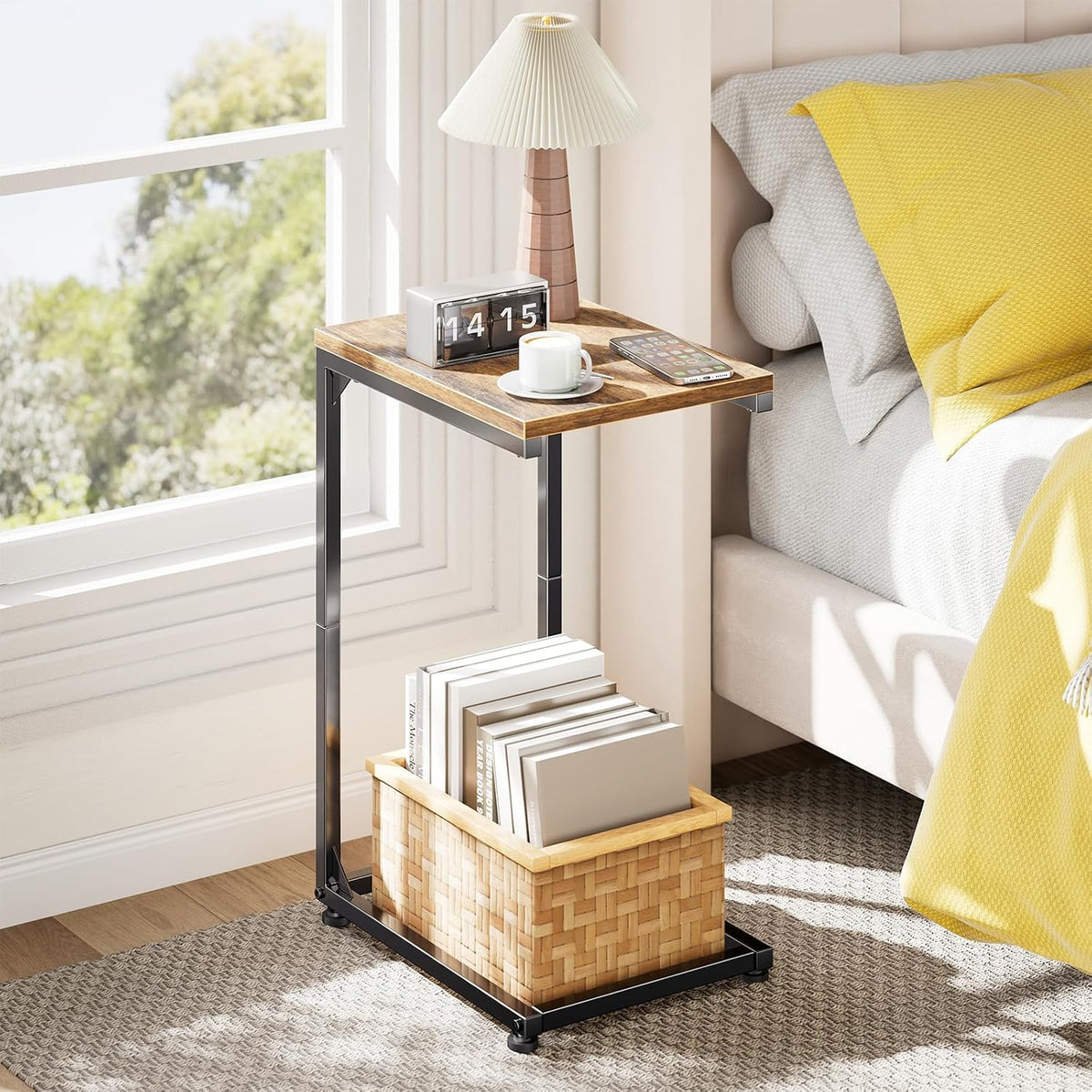 C Shaped End Table, TV Tray for Couch, Small Side Table with Metal Frame, for Living Room Bedroom, Rustic Brown