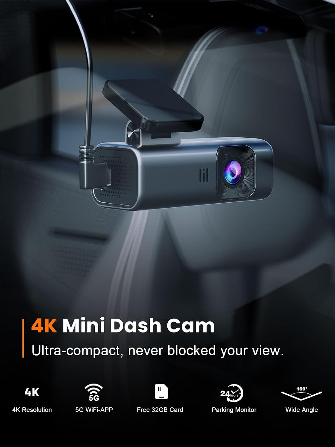 4K Dash Cam Front, 5Ghz Wifi, 32GB Card Included, Mini Dashcam