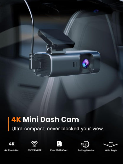 4K Dash Cam Front, 5Ghz Wifi, 32GB Card Included, Mini Dashcam