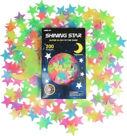 Glow in the Dark Stars Stickers for Ceiling, Adhesive 200Pcs 3D Glowing Stars and Moon for Kids Bedroom,Luminous Stickers Create a Realistic Starry Sky,Room Decor,Wall Stickers