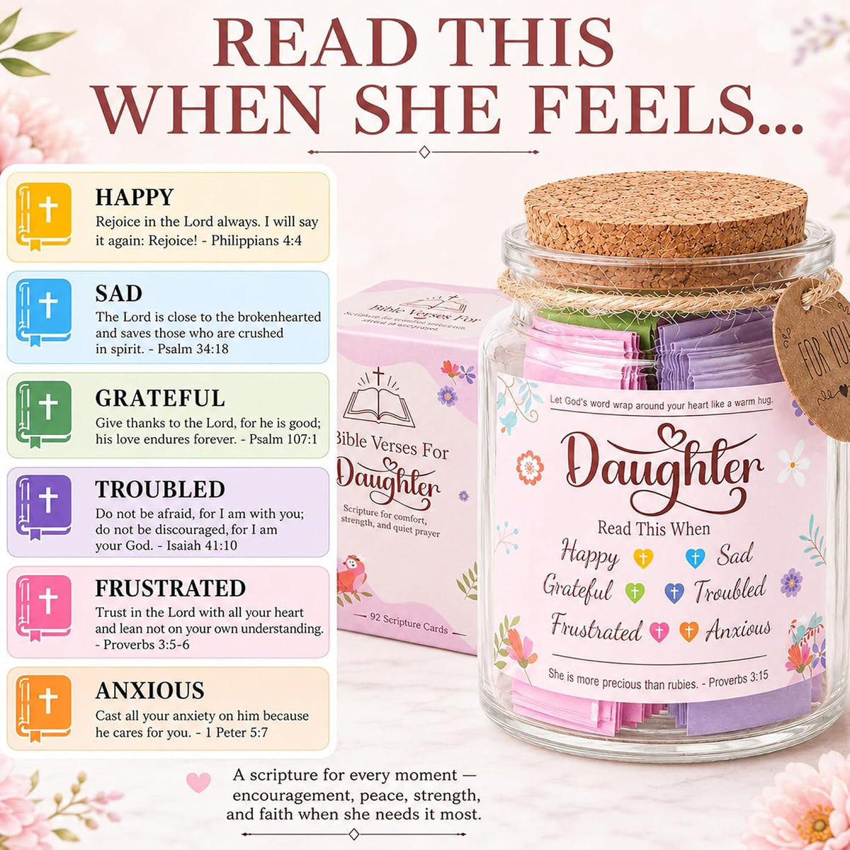 Bible Verses Jar for Daughter – Daughter Gifts from Mom, Graduation Gifts for Daughters, 92 Bible Verses Folded by Hand, Christian Gift for Women