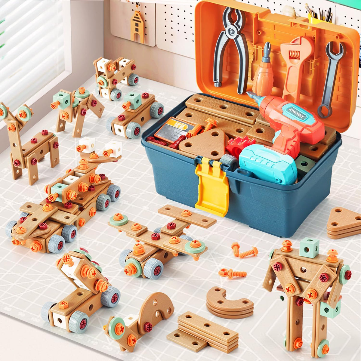 Kids Tool Set with Drill, 148 PCS STEM Building Tools with Storage Box Plastic Todder Tool Set for Boys and Girls Age 3 4 5 6 7 8 Years