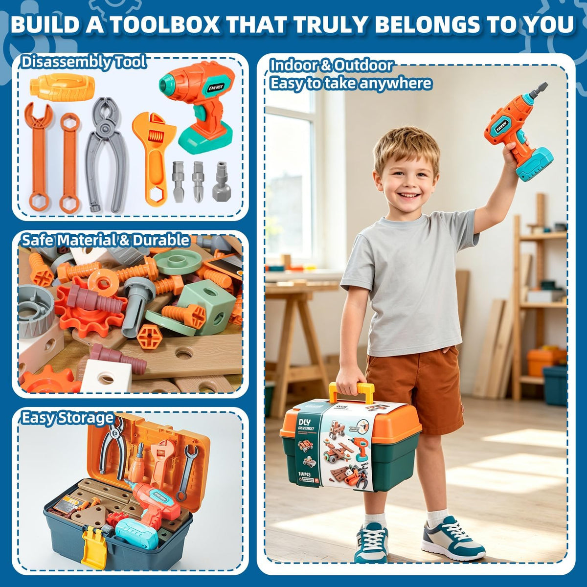 Kids Tool Set with Drill, 148 PCS STEM Building Tools with Storage Box Plastic Todder Tool Set for Boys and Girls Age 3 4 5 6 7 8 Years