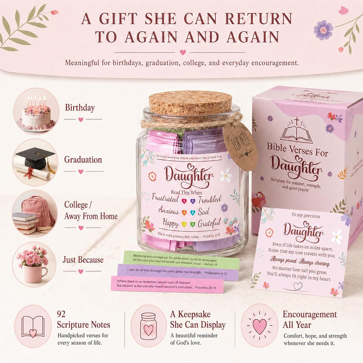 Bible Verses Jar for Daughter – Daughter Gifts from Mom, Graduation Gifts for Daughters, 92 Bible Verses Folded by Hand, Christian Gift for Women